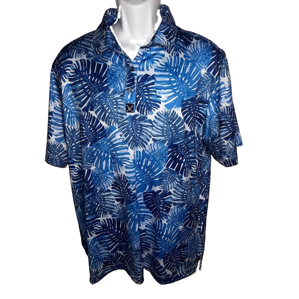 Construct Golf Polo Shirt Mens XL Blue Floral AOP Quick Dry Performance Hawaiian